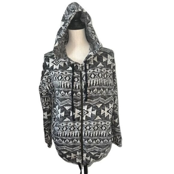 American Eagle Outfitters Hooded Zip-Up Sweater Black/White Drawstring Hem Sz M - Picture 1 of 11